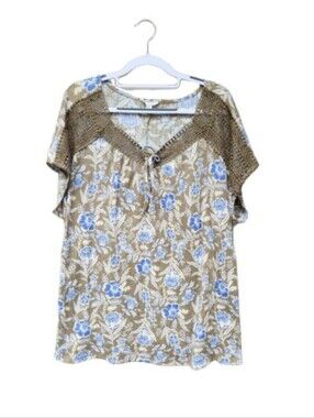Como Blu Plus Floral Print Crepe Blouse Green Blue Crochet Lace Accents